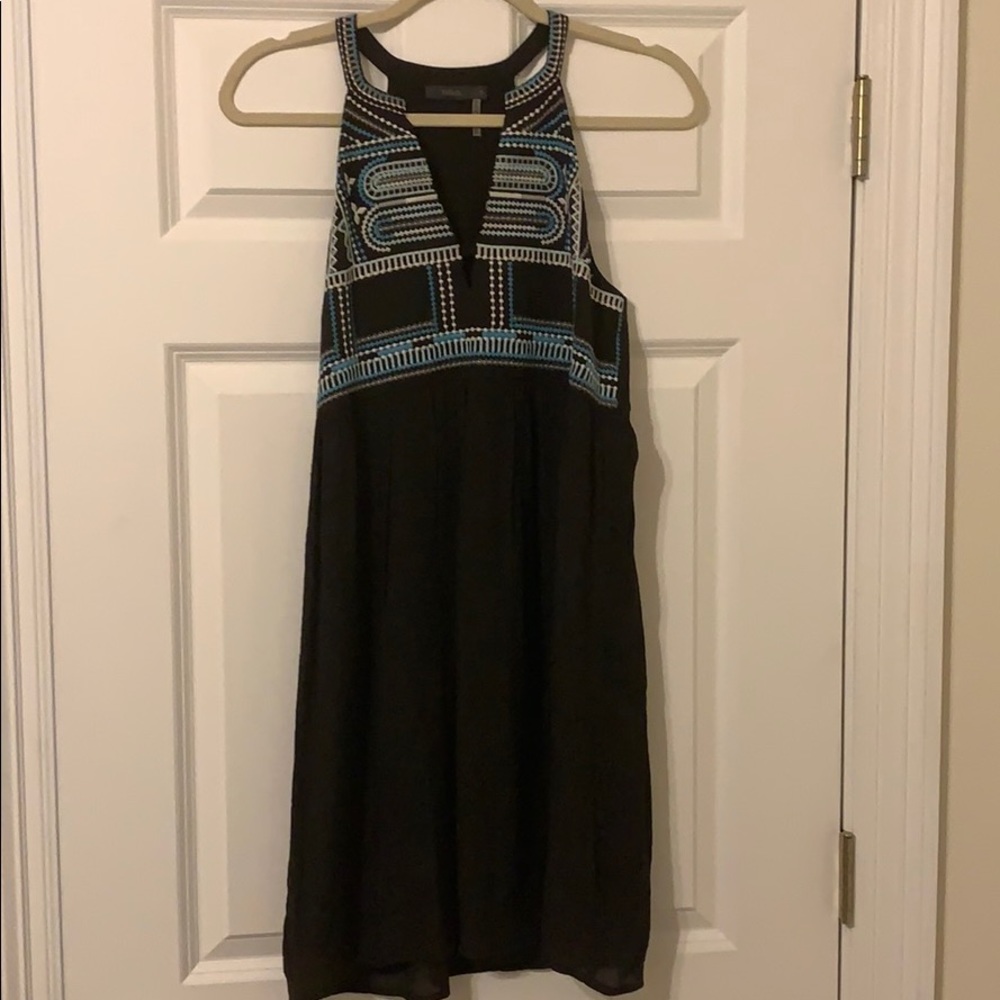 Black embroidered v neck dress